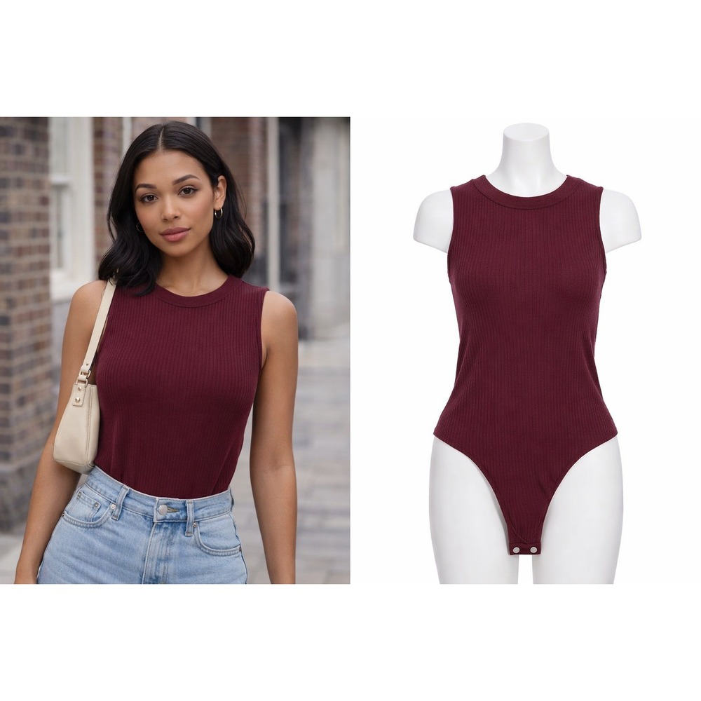 Missguided Everyday Ribbed Bodysuit Burgundy Womens XL